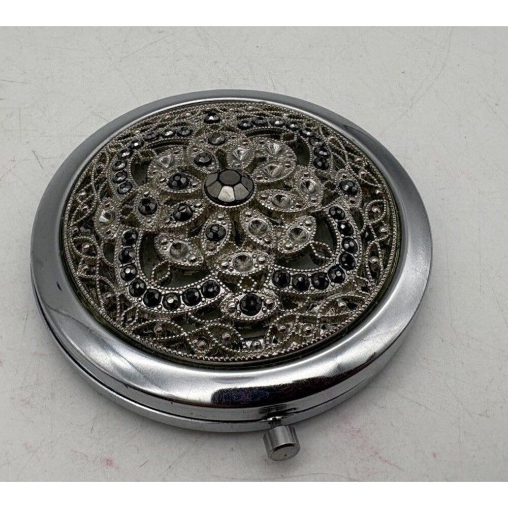 Ornate Silver Tone Double Compact Mirror Filigree Rhinestone Purse Makeup